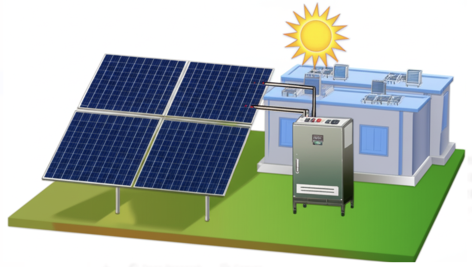 A rooftop solar power system for a commercial building, with multiple solar panels connected to a grid-tie inverter on the ground. The inverter converts DC to AC and interacts with the power grid to supply electricity to the building's equipment, such as rooftop air conditioning units.