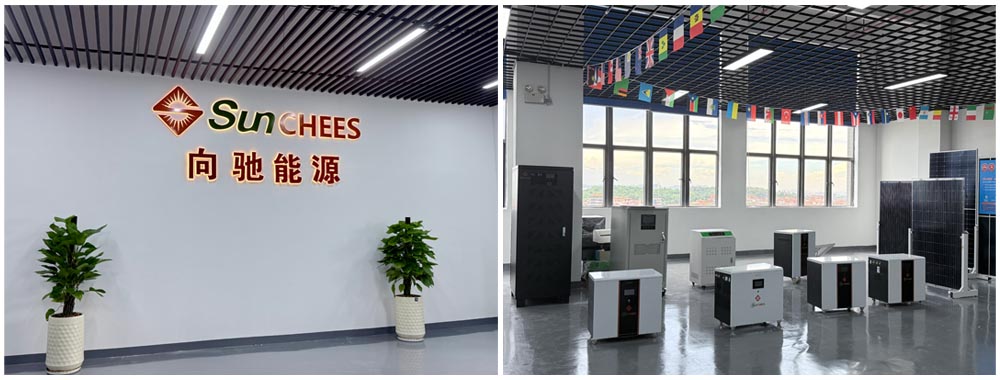 Exterior and interior view of a solar energy company office, featuring Sunchess headquarters and international project display boards.