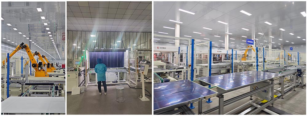 Automated solar panel production line with quality inspection and robotic assembly, supporting high-efficiency 15000 watt solar systems.