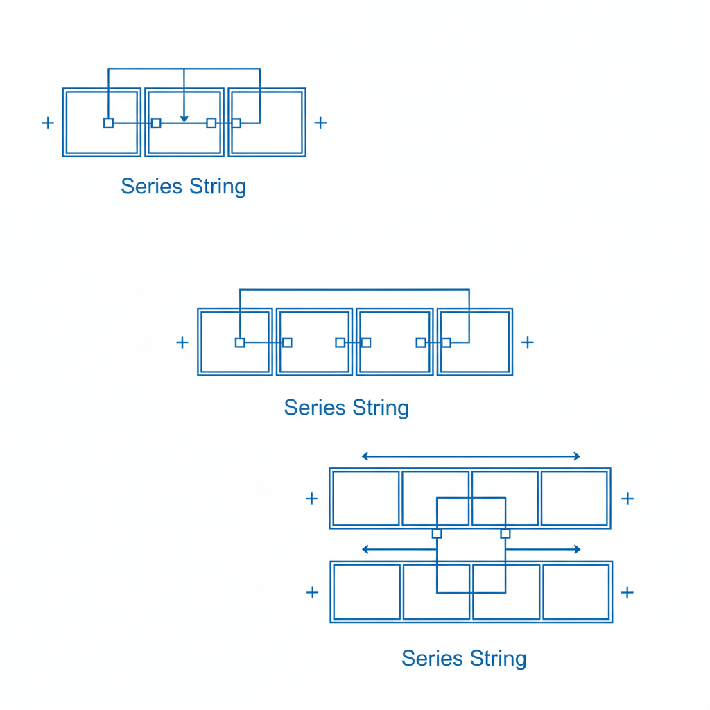 A clean technical diagram showing solar PV panels connected in series.   Three configurations: 3 panels in series, 4 panels in series, and 8 panels in series.  Each string labeled “Series String”.  Include arrows showing current direction.  Minimalistic engineering style, white background, thin blue lines