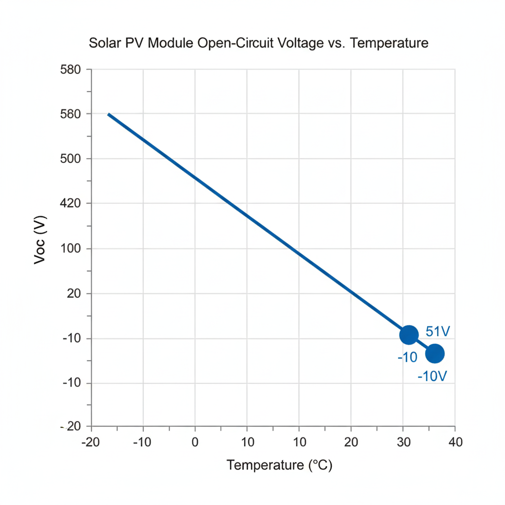 A professional engineering graph showing the relationship between solar PV module open-circuit voltage (Voc) and temperature.  X-axis: Temperature (°C), Y-axis: Voc (V).  A downward-sloping line representing negative temperature coefficient.  Add a point at 25°C and another at -10°C.  Scientific chart style, white background, clean gridlines.