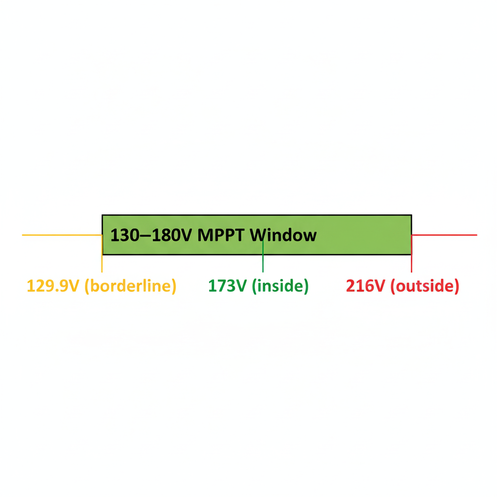 A clean technical diagram showing the MPPT operating voltage window of a solar inverter.  Range displayed as a green bar labeled “130–180V MPPT Window”.  Below it, three example Vmp values: 129.9V (borderline), 173V (inside), 216V (outside).  Use green for safe zone, yellow for borderline, red for unsafe.  White background, simple engineering-style design.