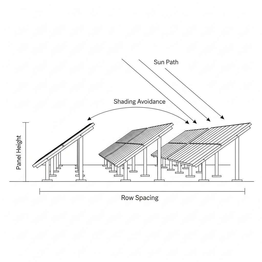 A side-view technical illustration of a solar PV array with multiple rows.  Panels tilted at a fixed angle.   Include labeled row spacing (“Row Spacing”) and panel height.  Show sun path arrows indicating shading avoidance.  Minimal CAD-style drawing, white background, thin black lines.