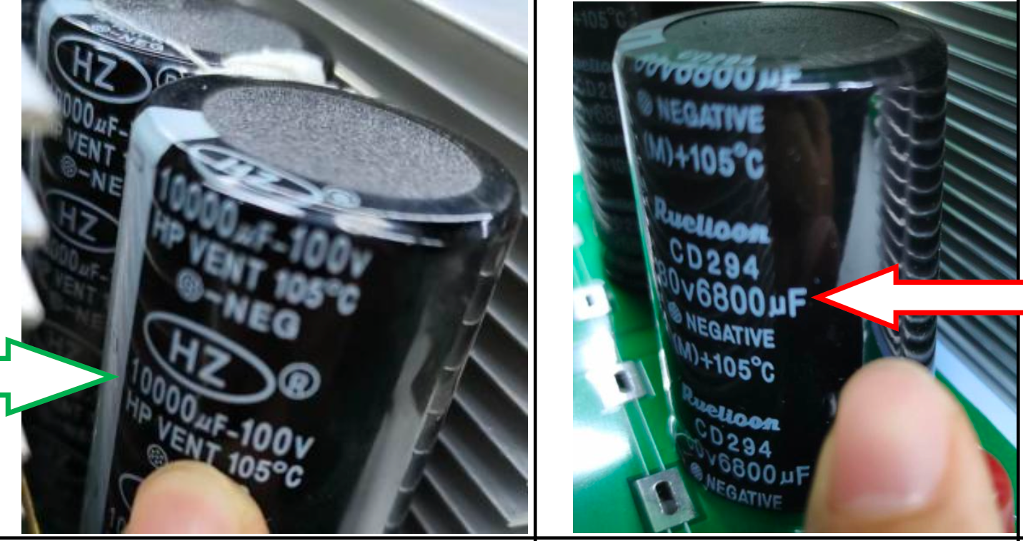 Comparison of sunchees high-reliability 100V 10000uF capacitors vs other brand's low-grade 80V capacitors to prevent explosion risks in solar systems.