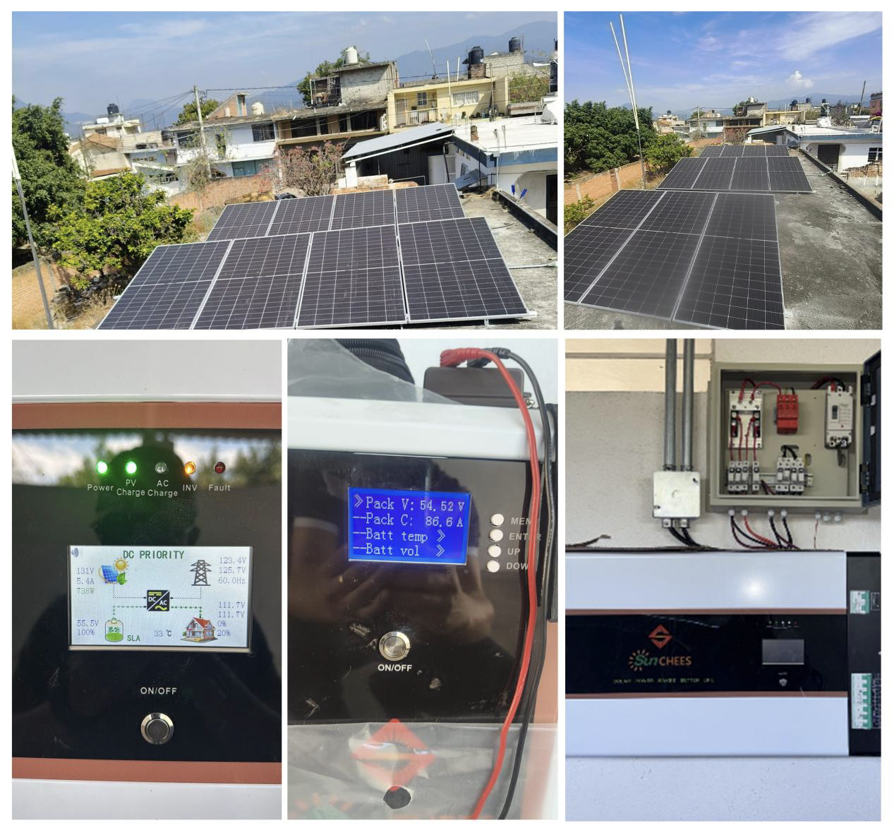 Panoramic view of solar panel array on a flat concrete roof in a Sint Maarten town, below which are a Sunchees inverter screen displaying power data, a battery monitor screen, and an open wiring distribution panel.