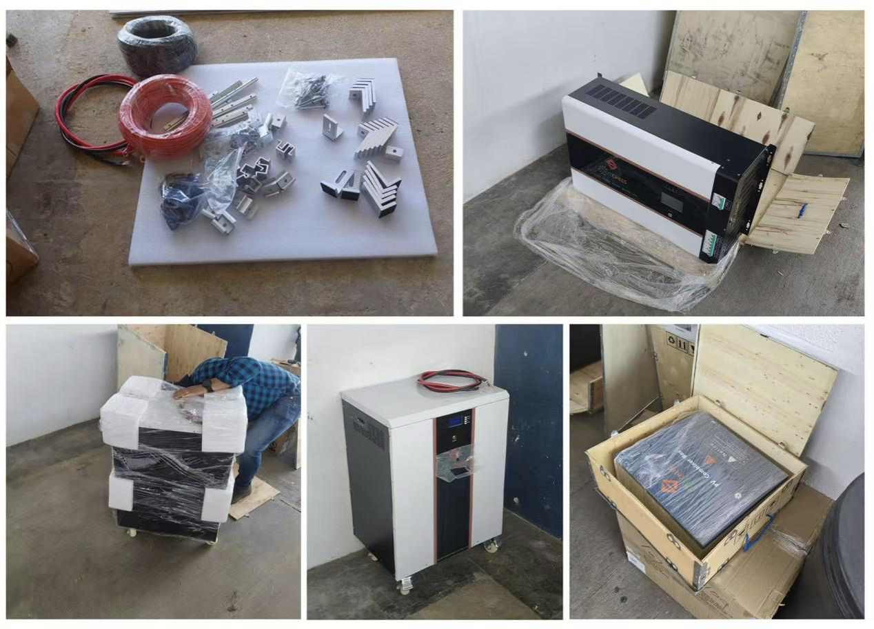 A collection of hardware including cables, brackets, and hooks. A workers unpacks an inverter with the Sunchees logo. An opened wooden crate containing a high-capacity, mobile battery cabinet on wheels, with some tools and cables nearby.