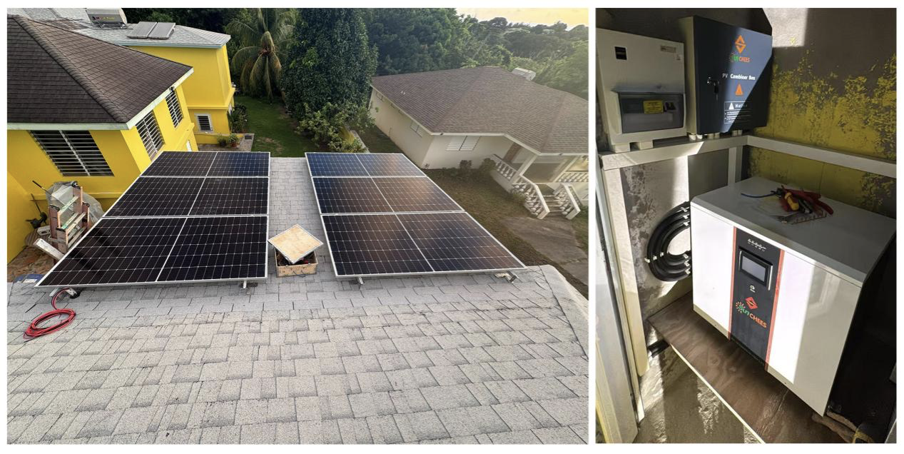 Left: Aerial view of a hillside villa in Sint Maarten with two rows of solar panels (6x2) on the roof. Right: A room corner featuring a wall-mounted PV combiner box with the Sunchees logo and a distribution box, with a large mobile battery cabinet sitting on a platform below.