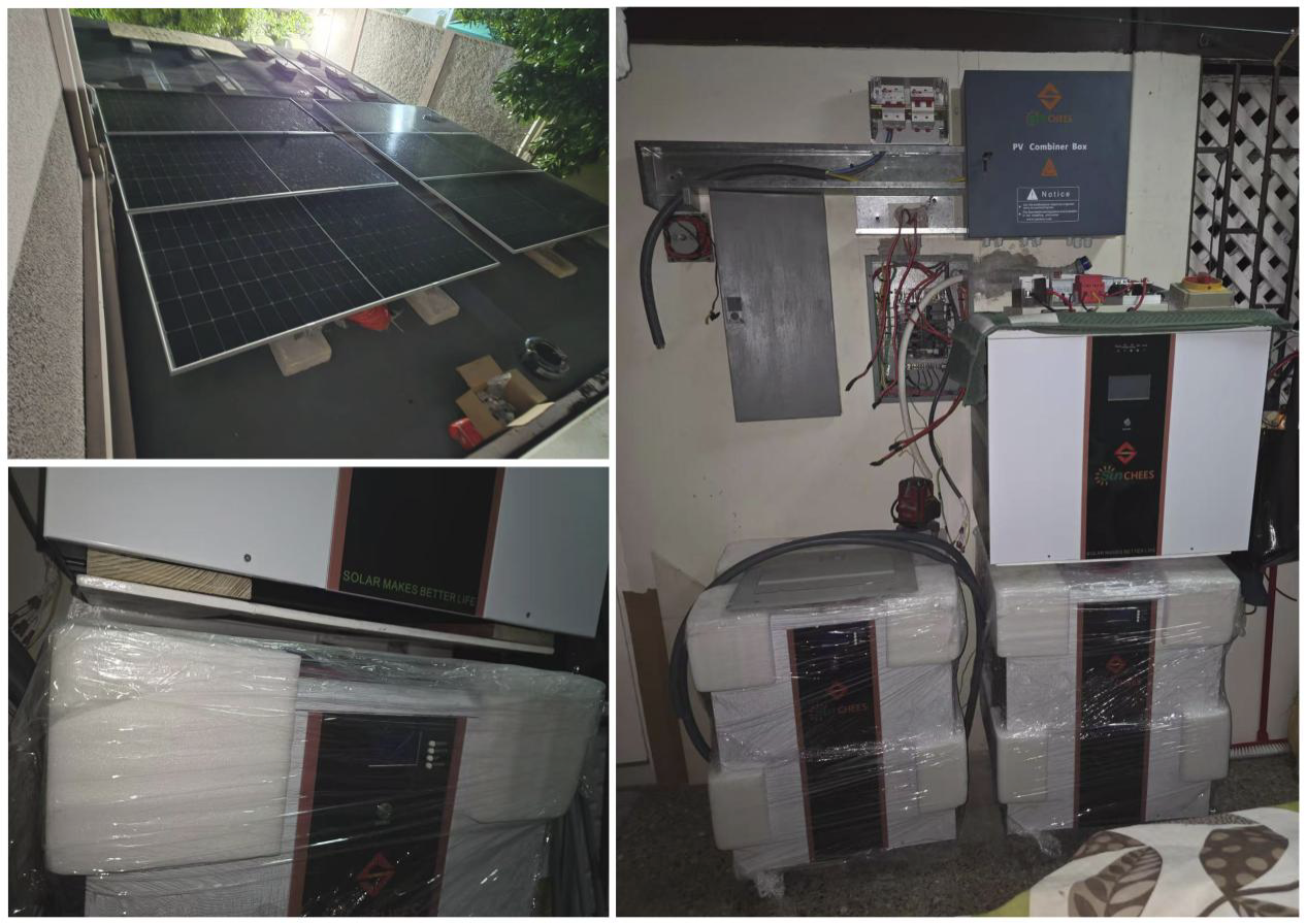Top: Multiple rows of solar panels (6x3 array) on a metal roof. Bottom: Inside an equipment room, a view of the internal components of an inverter, and two large mobile battery cabinets, still partially wrapped, sitting next to each other.