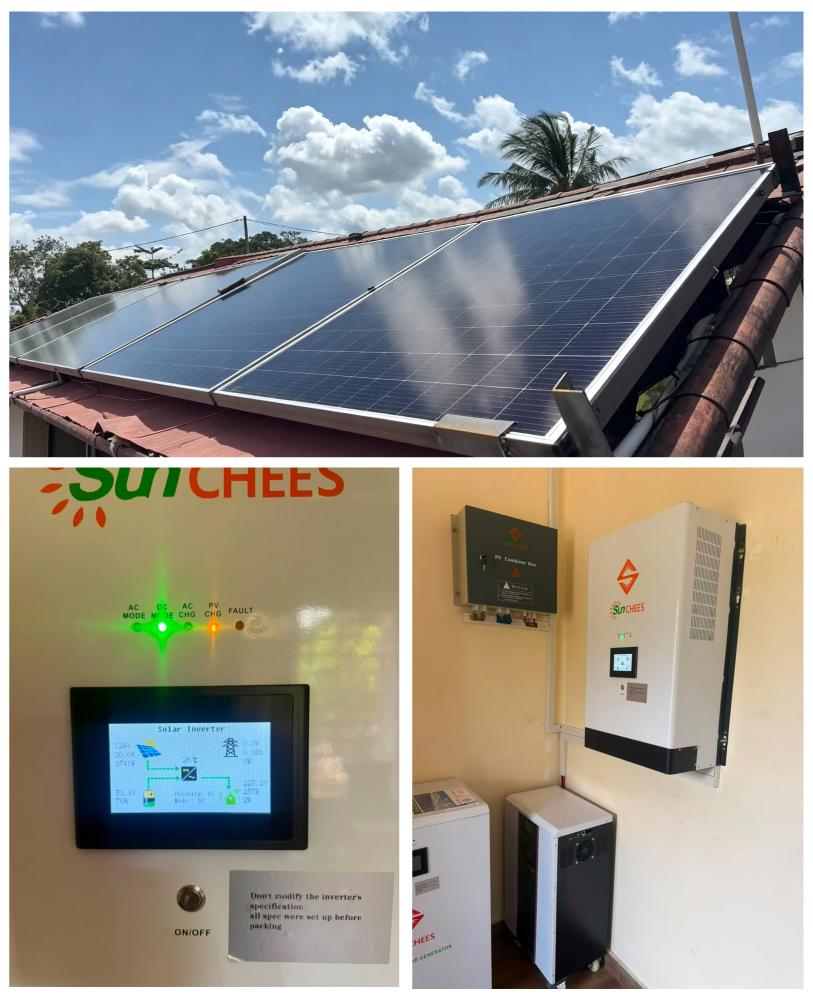 Panels follow a reddish pitched roof near palms and other trees in Zanzibar, with wall mounted and floor standing electrical equipment indoors.